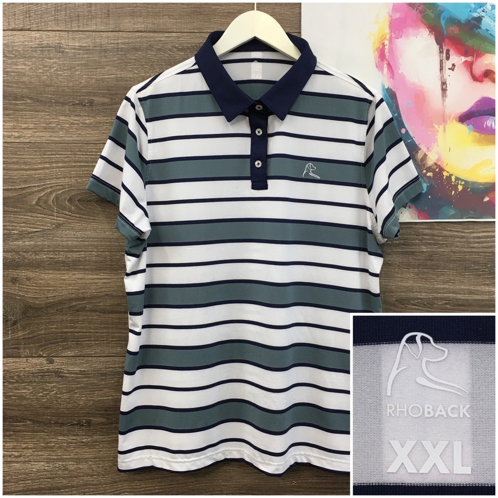 Rhoback Womens XXL Polo Shirt Striped Navy Teal White Performance Golf Top
